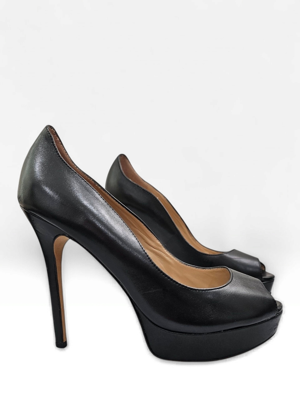 VINCE CAMUTO Lainey Black Leather Platform Peep Toe Stiletto Pumps 8.5M - Picture 2 of 10